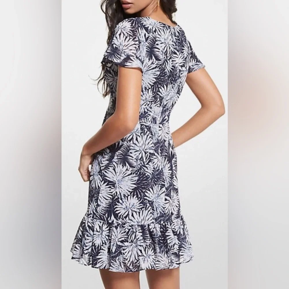 Michael Kors Women's Bali Palm Printed Georgette Cutout Dress Midnight Blue